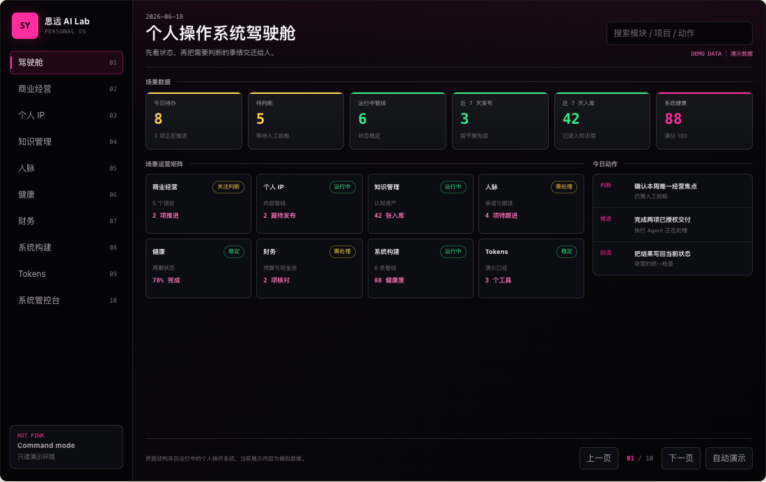 使用模拟数据的个人操作系统驾驶舱预览