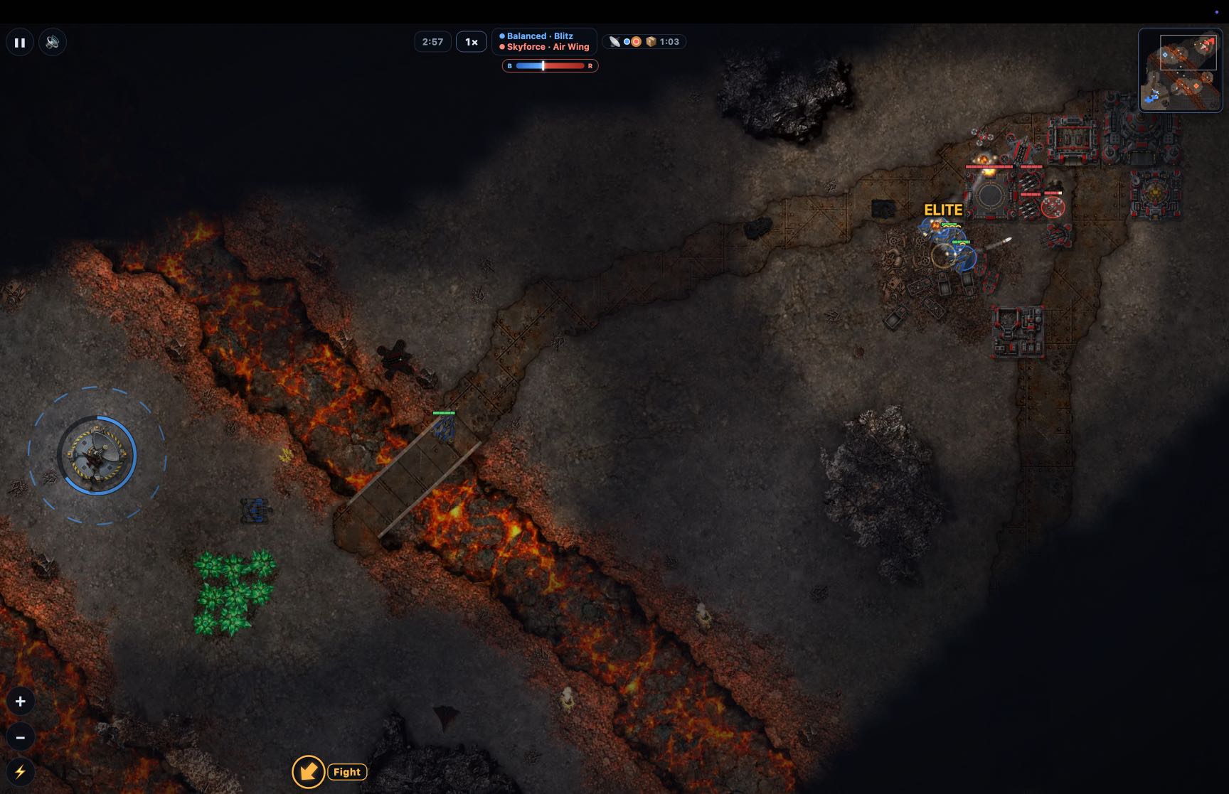 The lava map. Uplink satellites are being taken, crystals look better, Elite text is shown above a unit, there is an arrow marked Fight to jump to a fight, the AI vs AI mode has a speed controller - plenty of new features here.