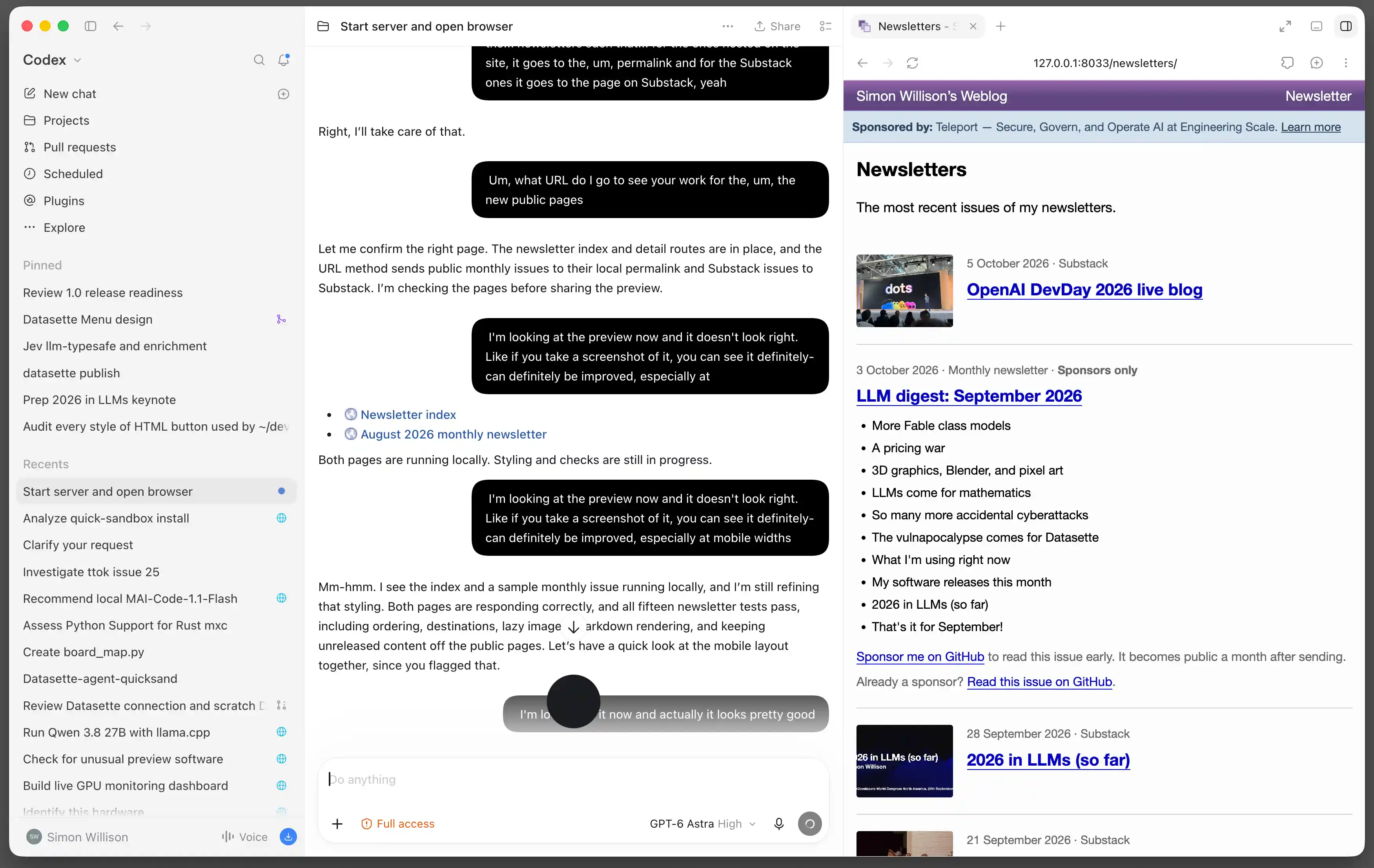 Three columns of the ChatGPT app. The left hand column shows my recent conversations. The middle column is a transcript of the conversation, with a throbbing black blob representing voice mode. The right hand column shows a local dev server version of my blog, with the Newsletters page visible.